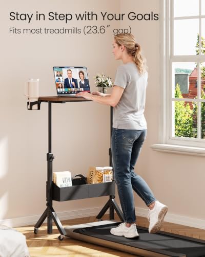 ErGear Mobile Standing Desk with Wheels, Adjustable Height 28.3″ to 46.1″, Rolling Laptop Cart with Cup Holder, Storage Basket, Computer & Pen Slot, Home Office Stand Up Desk, Walnut (31.5″ x 15.75″) - color: Walnut Wood