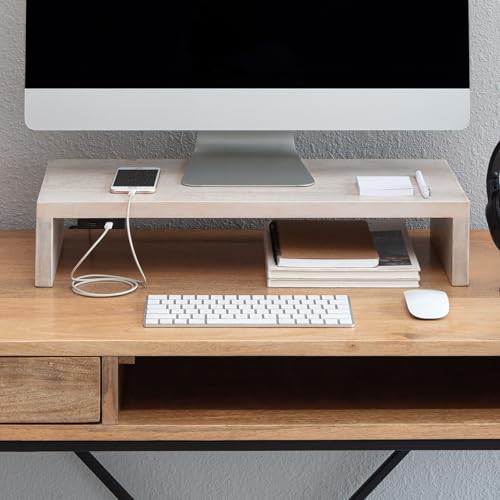 Anji Mountain Wooden Monitor Stand - Elegant Monitor Riser,Perfect Monitor Stand for Desk Organization, Durable Wood Construction monitor stands,Enhances Ergonomics and Workspace Efficiency,White Wash - color: White Wash, size: With Power Source