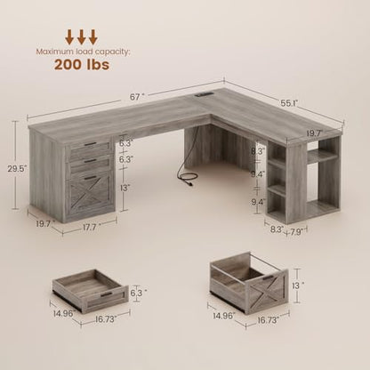 SEDETA 67" Farmhouse Executive L Shaped Desk with 3 Drawers - color: Grey, size: L Shaped Desk (67")