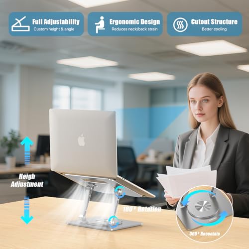 Laptop Stand for Desk, Adjustable Height & Angle Portable Aluminum Laptop Riser & Monitor Stand with 360° Swivel, Foldable Ergonomic Computer Stand for 10-17 Inch Laptops (MacBook/Dell/HP), Silver. - color: Aluminum Silver