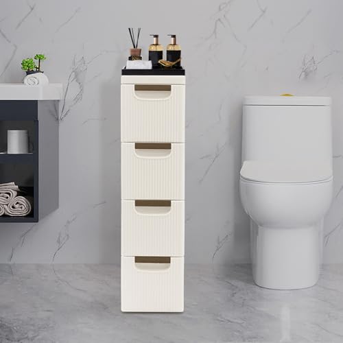 4 Drawer Storage Cart, Slim Rolling Organizer Cart with Wheels, Under Desk Plastic Dresser, Narrow Bathroom Cabinet, Skinny Mobile Shelf Unit, Removable Drawers, Space Saving Design, 16.5" L x 7.5" W