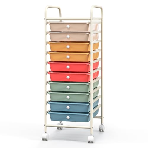 Giantex 10-Drawer Rolling Storage Cart w/Wheels, Handle, Removable Drawers, Mobile Organizer Storage Unit, Trolley Utility Cart for Home Kitchen Makeup Living Room Office Play Room - color: Macaron Multicolor, size: 10 Drawers Small