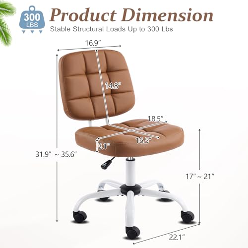 VINGLI Compact Small Desk Chair, Cute Armless Chair with Wheels, Vanity Chair with Low Back, Height Adjustable Task Chair for Small Spaces, Office, Bedroom, Make Up Room, PU Leather, Brown - color: Warm Brown