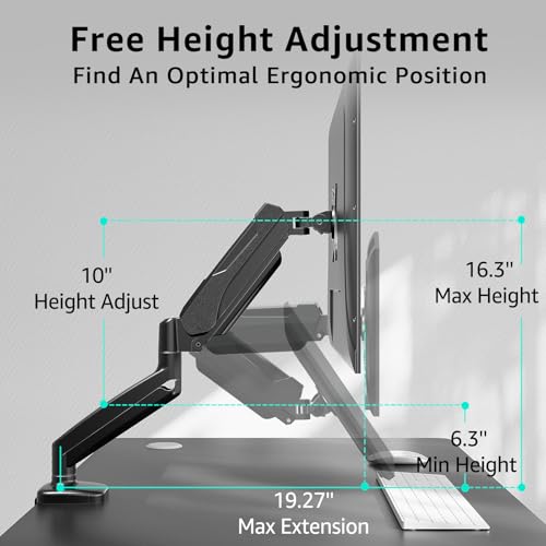Redragon GMK914 Single Monitor Mount Stand - Gas Spring Adjustable Arms with VESA 75/100mm, 13-32 Inch Screen Compatibility, C Clamp & Grommet Base, Cable Management, 17.6lbs Load Capacity - size: Up to 32" Screens