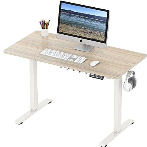SHW 48-Inch Electric Height Adjustable Sit to Stand Desk, Maple | with Hanging Hooks and Cable Management, White Frame and Maple Top - color: Maple, size: 48-Inch