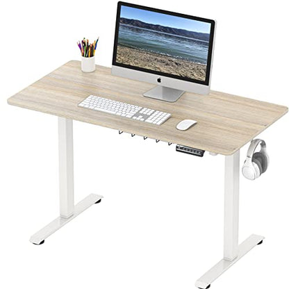 SHW 48-Inch Electric Height Adjustable Sit to Stand Desk, Maple | with Hanging Hooks and Cable Management, White Frame and Maple Top - color: Maple, size: 48-Inch