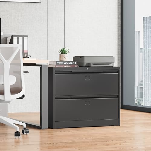 Bestoo 2 Drawer File Cabinet, Metal Lateral Filing Cabinet with Lock - color: Black, size: 2 Drawer 15.7" D x 35.4" W x 28" H