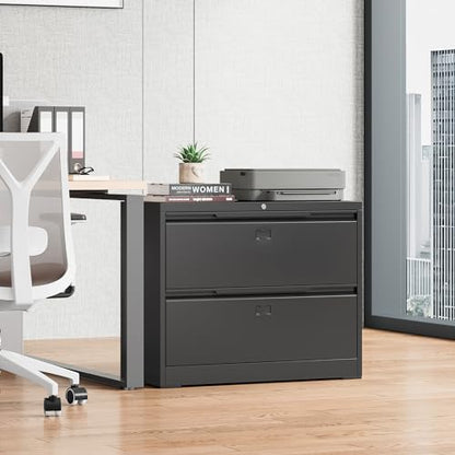 Bestoo 2 Drawer File Cabinet, Metal Lateral Filing Cabinet with Lock - color: Black, size: 2 Drawer 15.7" D x 35.4" W x 28" H