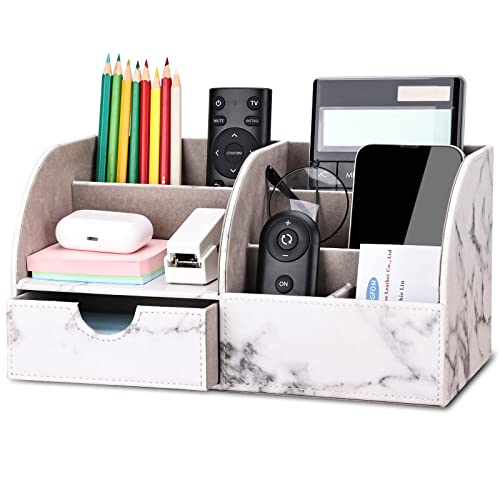 Pu Leather Desk Organizer Pen Pencil Holder Office Supplies Caddy Storage Box 6 Compartments with Drawer Gray Marble - color: Half Pu-gray Marble