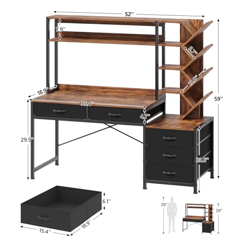 YOMILUVE 52" Computer Desk with Bookshelf, 5 Drawers ＆ Hutch for Bedroom | Office Desk with Printer Shelf, Study Writing Desk with Storage Shelves, Rustic Brown - color: Rustic Brown