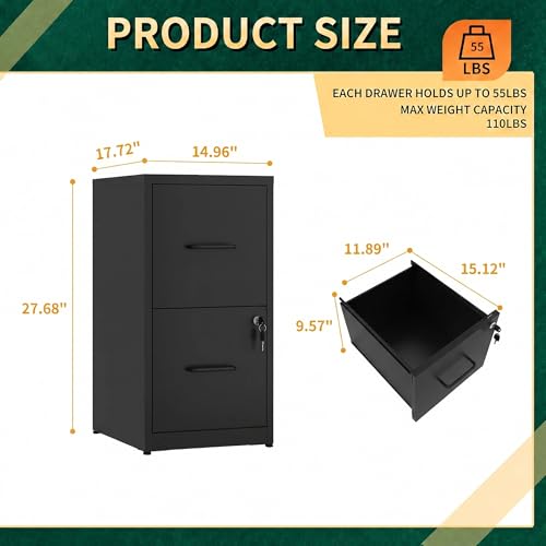 2 Drawer File Cabinet with Lock, 25.6" H Small File Cabinet | Metal Vertical File Cabinet for Home Office, Fits Letter/Legal/A4/F4 Files, Require Assembly, 25.6"H x 17.7"D x 15"W, Black - color: Black, size: 25.6"H - 2 Drawer