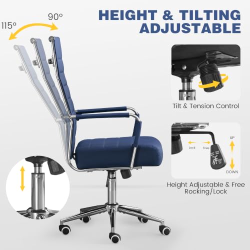 JOMEED Office Desk Chair,Conference Room Chair,High Back PU Leather Swivel | Modern Executive Ribbed Design, Ergonomic, Height Adjustable, Wheels and Arms, for Home Office(Blue-Silver Frame) - color: Blue