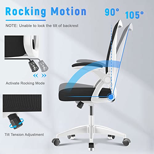 naspaluro Home Office Desk Chair Mid Back with Adjustable Height WhiteFrame | Comfy Ergonomic Chair with Flip-Up Arm and Lumbar Support, Breathable Mesh Swivel Computer Chair for Study Working Teacher - color: Bright White
