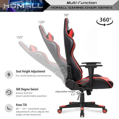 Homall Gaming Chair, Office Chair High Back Computer Chair Leather Desk Chair Racing Executive Ergonomic Adjustable Swivel Task Chair with Headrest and Lumbar Support (Red) - color: Red