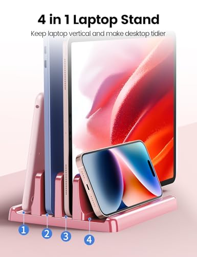 Vaydeer Vertical Laptop Stand for Desk, Dual Slots Plastic Laptop Holder with Space Saving 4-in-1 Design, Adjustable Laptop Stand Supports MacBook, Chromebook, Surface, Dell (Pink Rose) - color: Pink Rose