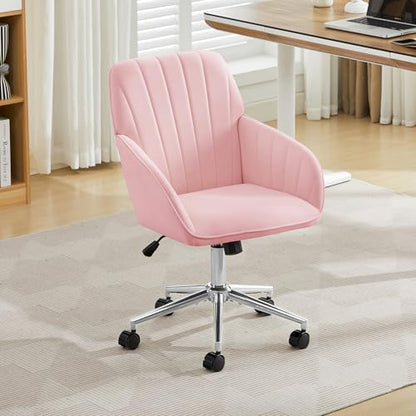 YITAI Velvet Office Desk Armchairs with Silver Base and Wheels,Modern Height Adjustable 360 Degree Swivel Upholstered Vanity Chairs for Living/Room Bedroom/Study,Pink - color: Silver Pink