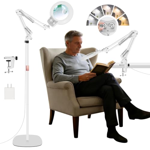30X 12X Magnifying Floor Lamp with Light, Adjustable Height 15.75"-37.99", Infinite Dimmable Standing Magnifier, 4-in-1 Lighted Magnifying Glass Stand for Reading, Crafts, Office Work (White) - color: White (12x 30x)