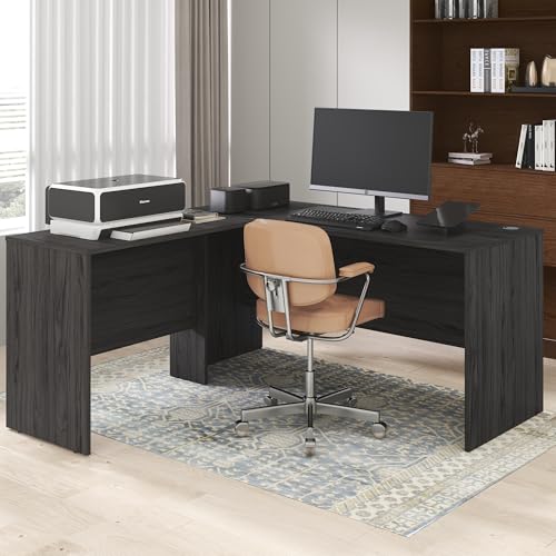 Furinno Roger 60 Inch L-Shaped Office Desk, Executive Desk with Reversible Desk Return, Modesty Panel, Desk Cord Grommet, Scratchproof, for Home Office, Coastal Grey - color: Coastal Grey, size: 60" Wide, L-shape