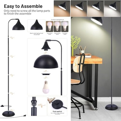 Industrial LED Floor Lamp,Black Metal Adjustable Standing Lamp for Living Room, Bedroom, Office,Rotating Head Tall Reading Lamp for Sofa or Desk, Modern Home Decor (Industrial, Metal)