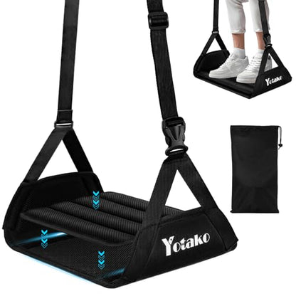Yotako Airplane Foot Hammock-Removable Wide Bamboo Airplane Foot Rest with Extended Adjustment Strap, Desk Foot Hammock to Relax Your Feet Foot Sling Travel Essentials with Storage Pouch, Black