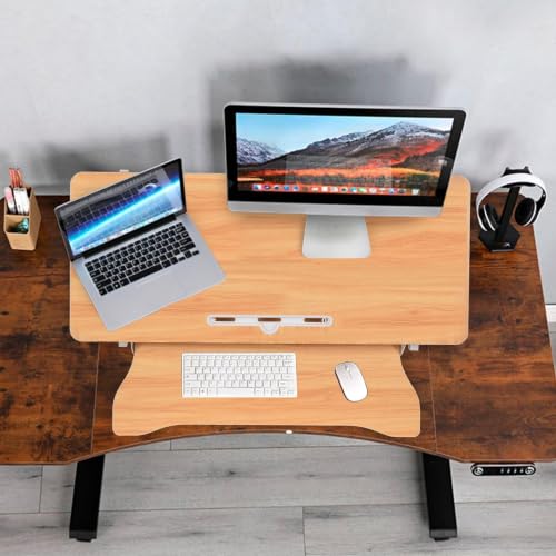 37" Desk Converter, Height Adjustable Stand Up Desk Converter, 2 Monitor Standing, Sit to Stand, Quick Sit to Tabletop, Riser Workstation with Wide Keyboard Tray - color: Log Color