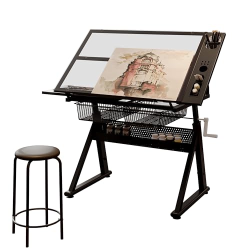 Hand Crank Lifting Drawing Table Black Tempered Glass Metal Workstation, 0-70° Tilt Adjustable Drafting Printing Desk with Metal Drawers & Support Chair for Indoor Study Bedroom Living Room