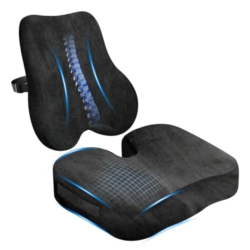 Memory Foam Seat Cushion & Plush Velvet Lumbar Support Pillow Set, Comfort Computer Chair Cushions for Tailbone & Back Pain Relief, Ergonomic Office Chair Cushion for Car, Home, Wheelchair (Black) - color: Black Comfort