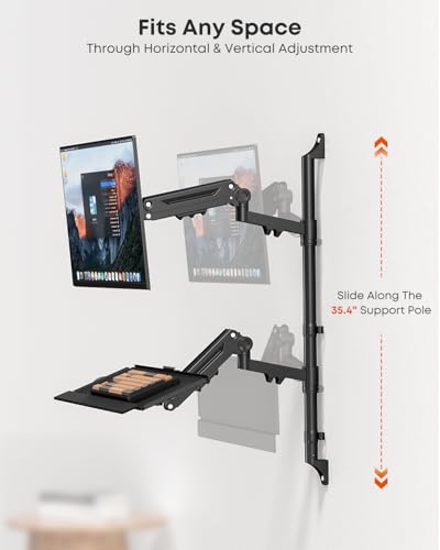 PUTUOSEN Wall Mount Monitor Arm with Keyboard Tray for 17 to 32 Inch | Height Adjustable Full-Motion Spring Arm Wall Mount Workstation Holds up to 26.4lbs, VESA 75x75/100x100mm,Black - size: 17-32 Inch