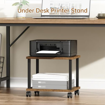 Asgolion Printer Table, 2-Tier Under Desk Printer Stand, Printer Cart - color: Rustic Brown, size: Small without Charger