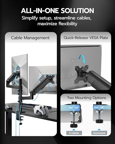 ARES WING Dual Monitor Mount - 17 to 40 Inch Screen Monitor Arm, Black | Ultrawide Monitor Arm for Heavy Duty Curved Screen up to 26.4 lbs with Clamp/Grommet Desk Mount, 75/100 Vesa Mount - size: Dual Monitor Arm