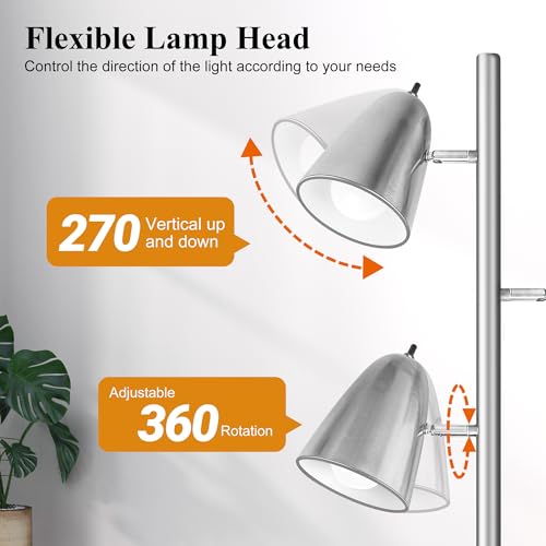 QiMH Tree Floor Lamp with 3 Light Bulbs, Standing Tall Pole Lamps for Living Room Bedroom Office, Reading Stand up Lamps with 3 Adjustable Arms,Brushed Nickel - color: Brushed Silver