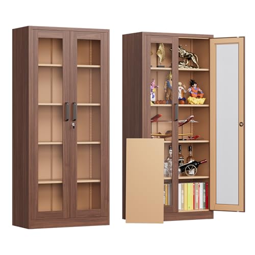 Locking Display Cabinet with Glass Door, 71”H Metal Curio Cabinets with Adjustable Shelves, Tall Liquor Caninet Display Case for Living Room, Collectibles, Home, Clinic - Assembly Required - color: Wood Color, size: 71"H - 2 Door