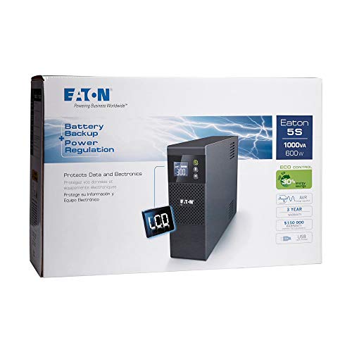 Eaton 5S1000LCD UPS Battery Backup & Surge Protector, 1000VA / 600W, AVR, LCD Display, Line Interactive - size: 1000VA, style: 5S LCD