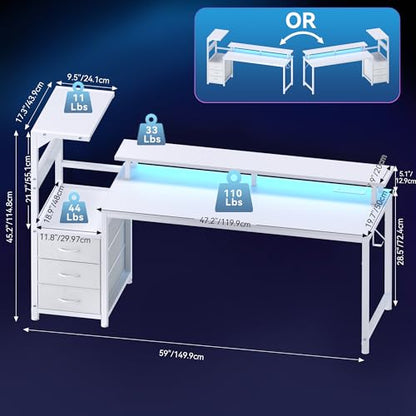 59" Reversible Gaming Desk with LED Lights Power Outlets, White | Computer Desk with Drawers Can be Used to Store Odds and Handles, Elevated PC Stand To Help You Showcase Your DIY Cases. - color: White, size: 60 In