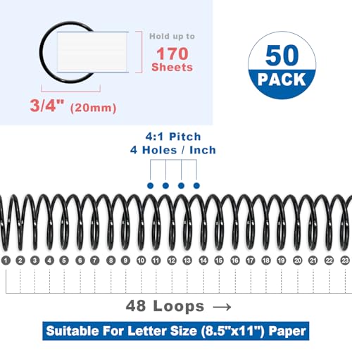 HOUYEE 50 Pcs Plastic Spiral Binding Coils,20mm (3/4"),4:1 Pitch,48 Loops - size: 3/4"(170 sheet capacity)