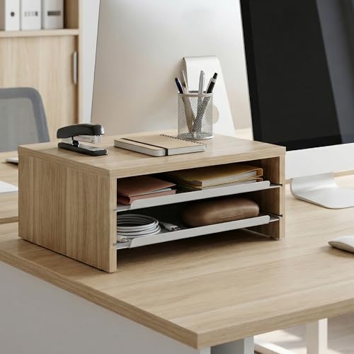 Fenge 14.3-Inch Monitor Stand with Slide-Out Trays, Wood & Metal Desk Shelf - color: Oak
