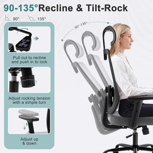 Shintenchi Mesh Office Chair, Ergonomic Home Office Desk Chair with Adjustable Lumbar Support, Headrest, 90°-135° Tilt, Computer Chair for Home Office, Gray Task Chair