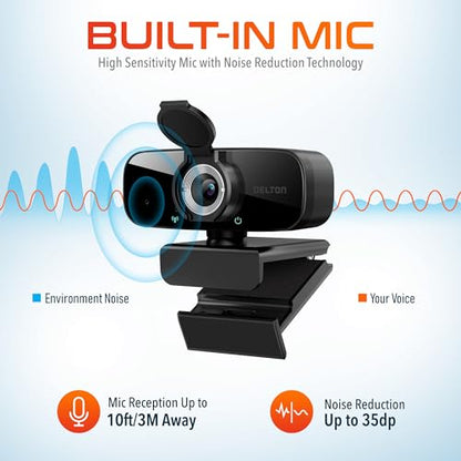 Delton C24 USB Webcam with Microphone, HD 1080p Wired Webcam, 2 Megapixels, Wide Field of View, Auto Focus, Noise Canceling Mic, USB Computer Camera Compatible with Computer/Laptop/iMac - Black