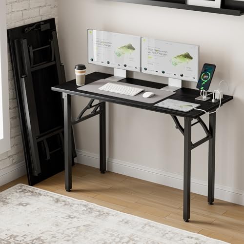 Small Folding Computer Desk – 43.3 Inch Portable Table for Craft and Study, Lightweight Desk for Small Spaces, Foldable Laptop Table Built-in AC/USB Outlets for Convenience, Dark Oak - color: Dark Oak, size: 43.3 x 19.7 Inch, style: With Power Outlets