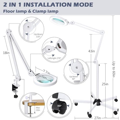 15X Magnifying Glass with Light and Stand, Real Glass Lens, 5 Color Modes, Stepless Dimmable, LED 2200 Lumens Floor lamp with 5 Wheels Rolling Base, Lighted Magnifier for Esthetician, Facials, Salon