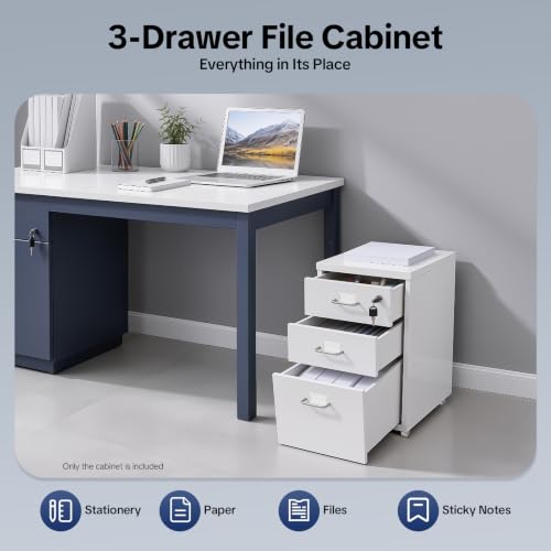 3-Drawer Metal Vertical File Cabinet, Narrow Mobile File Cabinet with Lock and 2 Keys, Under Desk Storage Drawer for Study Home-11 * 16 * 18.3in (White) - color: White