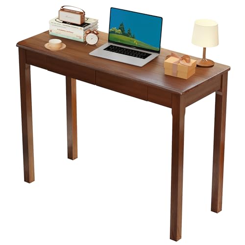 Solid Wood Desk with Drawers - 39" Narrow Desks, Small Wooden Writing Desk for Bedroom, Mid Century Modern Vintage Computer Desks, Study Table for Home Office, Walnut - color: A-walnut, size: 39.4*15.7*29.5 Inch
