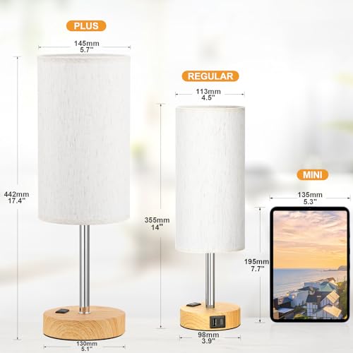 Fenmzee Touch Table Lamp - Cream, 3-Way Dimmable, USB A + C Charging, AC Outlet, 17.4inch Medium, Wood Grain Base - color: Cream Shade-Wood Base, size: 17.4" Touch Control