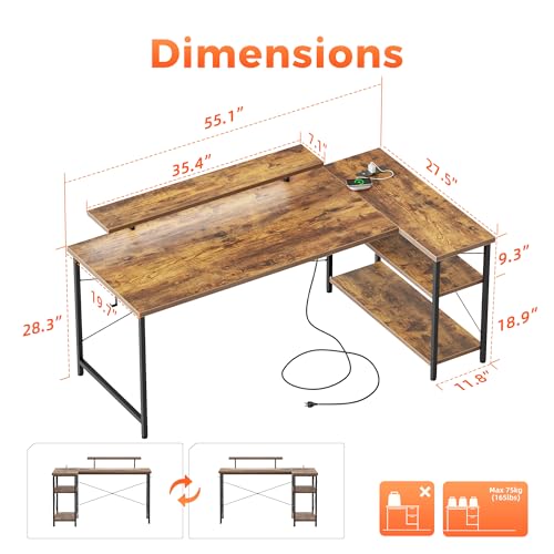 Mericonia 55 in L Shaped Gaming Desk, Large Corner Desk with Monitor Stand - color: Brown, size: 55 inch