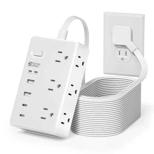 15Ft Long Extension Cord, PD20W, 6 outlets, 2A2C, Flat Plug Surge Protector | Extension Cord with Multiple Outlets, 1050J, 15ft extension cord, Long power strip for Home, Office Supplies, Dorm Essentials - size: 15 ft