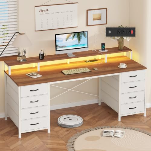 60" Computer Desk with 8 Drawers & Monitor Stand for Home Office, Bedroom - color: Brown and White, size: 18.9"D x 59.8"W x 34.9"H