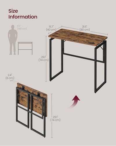 VASAGLE Folding Desk, Foldable Computer Desk, One-Piece Desktop, Rounded Edges, Small Folding Craft Table for Bedroom, Balcony, Camping, Easy Assembly, 31.5 x 15.7 Inches, Rustic Brown ULWD151KD01 - color: Rustic Brown, size: 31.5"