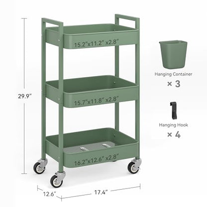 Nunsino 3 Tier Rolling Cart,Utility Cart with Locking Wheels, Hanging Cups,&Hooks, Heavy Duty Metal Storage Organizer Cart for Kitchen,Office, Bathroom,Craft Room,Green - color: Green