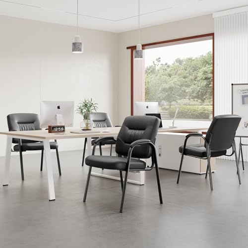 Modern Conference Room Chairs with Arms, PU Leather Padded Guest Chair with Welded Steel Frame, Ergonomic Office Reception Chair, 300LBS, Waterproof & Easy to Clean,Black,Set of 4