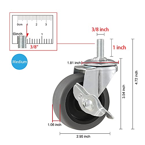 Caster Wheels, 3" Locking Swivel Threaded Stem Casters Set with Brake of 48 - color: Grey, size: Grey-48pack
